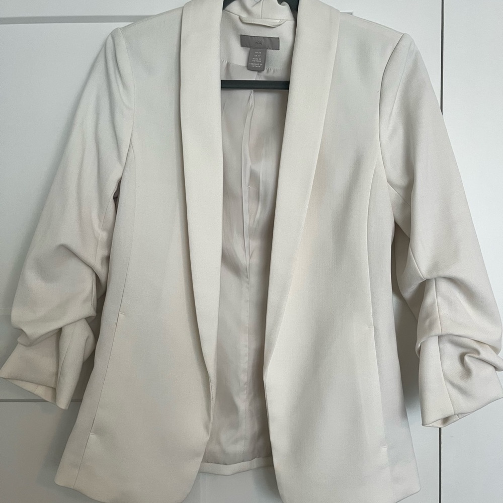 H&M Off-White Blazer with Ruched Sleeves, XS